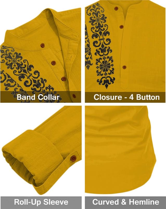 Image of FINIVO FASHION Men's Cotton Blend Short Kurta Shirt | Casual Ethnic Wear with Roll-Up Sleeves & Mandarin Collar | Comfortable Fit Tunic for Festive, & Summer Outings