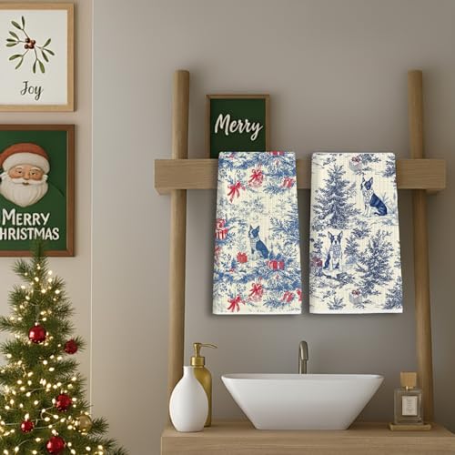 Image of Christmas Blue Boston Terrier Kitchen Towels Set 2,Vintage Dog Lover Gifts Dish Tea Towels for Kitchen, French Chinoiserie Holiday Decorative Hand Towel for Bathroom, 16x24 Inch