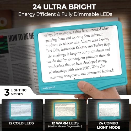 Image of MAGNIPROS 5X Rechargeable LED Page Magnifier with Detachable Stand, Hands-Free Lighted Magnifier with 3 Color Modes, Anti-Glare Lens for Reading Small Print, Low Vision, Seniors, Crafts