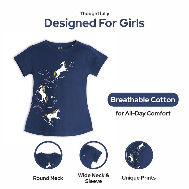 Image of ARIEL Girls Cotton Regular Fit Half Sleeve Cotton T-Shirts - Pack of 3