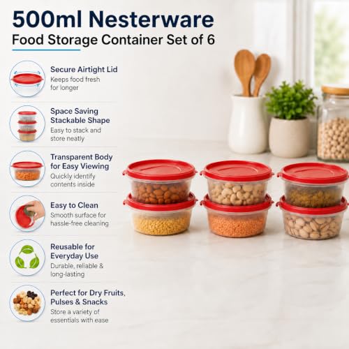 Image of Cutting EDGE 500ml Nesterware Food Storage Container Set of 6 for Pulses, Sugar, Tea, Cereals, Travelling, Spices, Office, Lunch Box (Red) | BPA-free plastic, stackable design, leak-proof, kitchen storage, pantry, fridge, meal prep, reusable, travel use