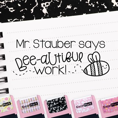 ExcelMark Personalized Teacher Stamps for Classroom - Custom Stamps for Grading - Puns of Praise with 12 Stylish Mount Patterns (Pink Mount, Bee-autiful Work)