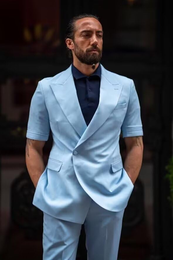Mens Suit 2 Piece Short Sleeve Suits for Men Slim Fit Casual Suit Jacket Pant Set Summer Business Prom Wedding Suits2