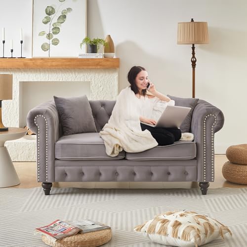 Image of Mid Century Modern Loveseat Sofa, 63.5 inchW Velvet Fabric Button Tufted Small Couch with Nailhead Trim & Roll Armrest, Upholstered Comfy Chesterfield Sofa for Living Room, Office(2 Seater, Light Grey)