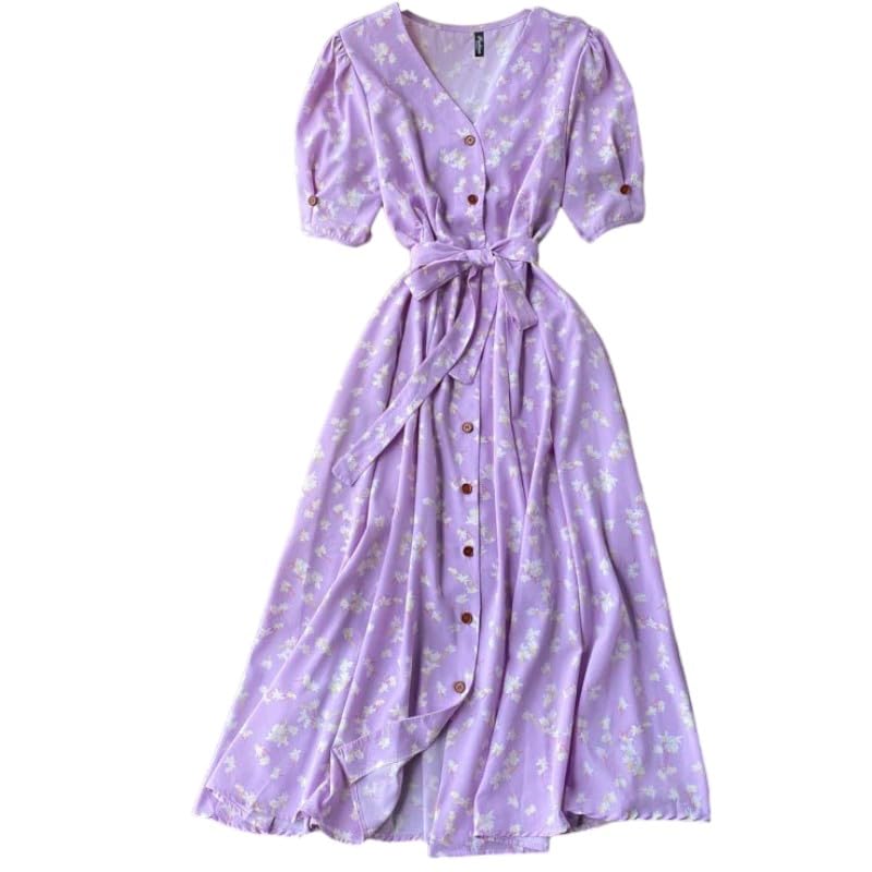 Gufrina Dresses For Women Half Sleeve || Floral Print || V-Neck And Puff Sleeves || Front Open Button & Tie-Up || Midi Dress (Lavender S)