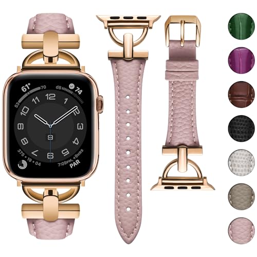 wutwuk Leather Band Compatible with Apple Watch Bands Women 38/40/41/42mm(S10) Dressy Slim Leather Strap with D-Shape Metal Buckle for iWatch SE Series 10/9/8/7/6/5/4/3/2/1,Pink