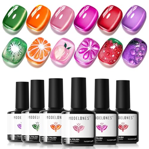 Modelones Cat Eye Gel Nail Polish Set, 6 Colors Orange Neon Galax...