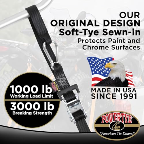 Image of PowerTye 1.5in x 6.5ft Heavy Duty Ratchet Tie-Down Straps with Soft-Tye and Carabiner Hooks - 1,000 lb Working Load Limit / 3,000 lb Breaking Strength - Made in USA - Purple /Black (Pair)