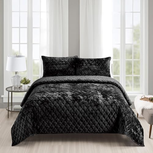 Fredsure Distressed Velvet Quilt Set, 3 Pieces Black Queen, Distressed Velvet Face and Brushed Microfiber Reverse with Diamond Quilting