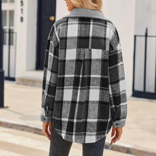 Flannel Shacket Women Plaid Jacket Fleece Sherpa Shackets Button Down Collared Jackets Fall Winter Warm Coats4
