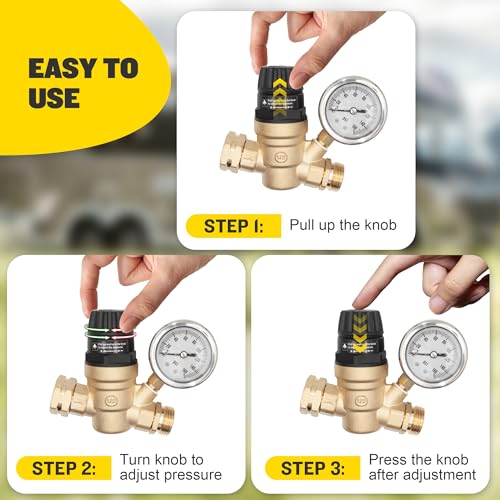 Image of RV Water Pressure Regulator for RV Camper, Handle Adjustable RV Water Pressure Regulator, Brass Lead-Free RV Water Pressure Regulator with 0-160 PSI Gauge and 2 Inlet Screened Filters