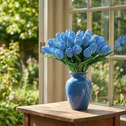 Image of 20Pcs Stems 13.5 Inch Light Blue PU Artificial Moisturizing Tulips, Faux Tulips Flowers for Thanksgiving Christmas Decorations Wedding Home Table Vase Floral Arrangements