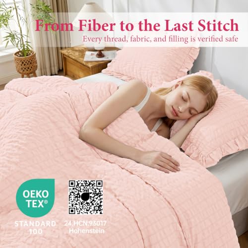 Image of JOLLYVOGUE Blush Pink Full Comforter Set,3pcs Seersucker Comforters Full Size