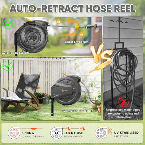 Image of SILVEL Automatic Retractable Garden Hose Reel on Metal Spike, 1 /2 in x 90FT Ground Mounted Outside, UV Resistant with 10 Pattern Nozzle, 360 Swivel, No Holes in Your House, Easy Installation, Yellow