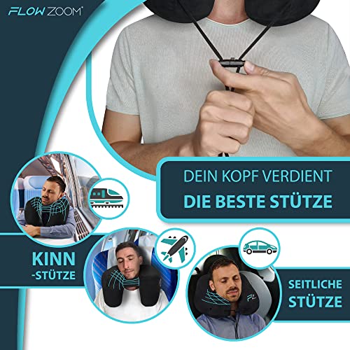 Nackenkissen aufblasbar von FLOWZOOM - aufblasbares Nackenhörnchen für Reisen in Flugzeug, Auto, Zug - Schnell aufblasbar, Nacken- und Kinn-stützend mit samtweichem Bezug (schwarz) - Image 4