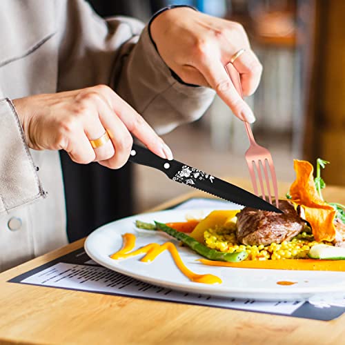 Stapava 48-Piece Copper Silverware Set with Steak Knives for 8, Stainless Steel Rose Gold Flatware Cutlery Set, Mirror Eating Utensils Tableware with Butterfly Flower Laser, Dishwasher Safe