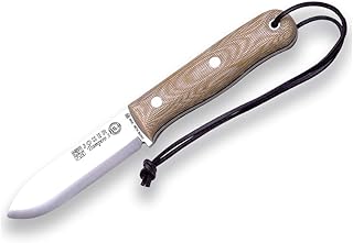 Joker Survival Knife Trampero S CM124-P, Beige micarta Handle, 3.94 inches Blade of SANDVIK 14C28N Steel, with Leather Sheath and Fire Starter, Tool for Fishing, Hunting, Camping and Hiking - Joker