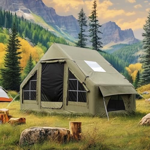 Inflatable Camping Tent with Hand Pump, Waterproof Air Glamping Tent, 4 Season Blow-Up Luxury Camping House for Adult 3-5 Person (Greene)
