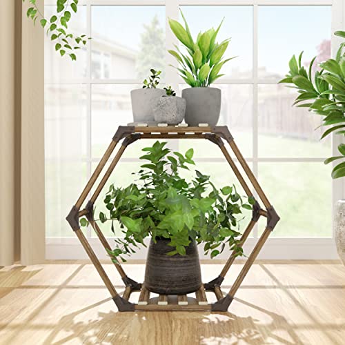 Allinside Hexagonal Soporte para Plantas Interior, Estante de Madera para Plantas de Exterior, Soporte Transformable para Macetas para de Esquina, Jardín, Balcón, Sala de Estar - 2 Niveles