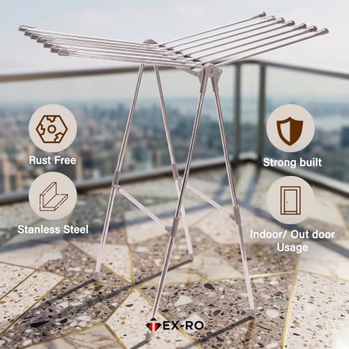 Image of TEX-RO Stainless Steel Clothes Drying Stand Foldable for Lightweight Clothes | Anti-Rust Cloth Dryer Stand for Bedroom, Balcony, Home, PG & Hostel | Compact Portable Clothes Hanging Rack