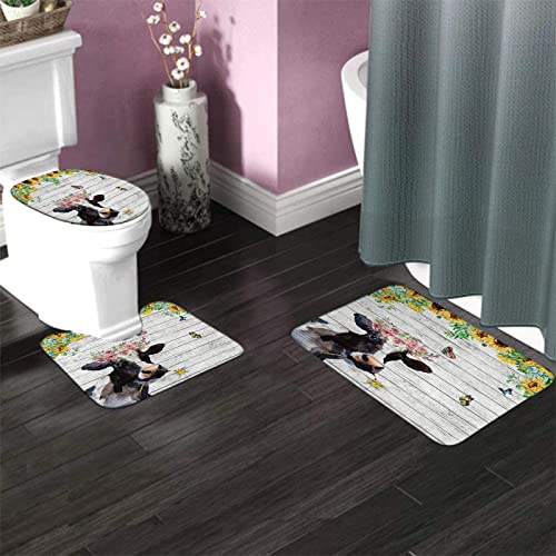 Badezimmerteppich-Set, 3-teilig, Bauernhaus-Kuh-Sonnenblumen, rustikaler Scheunenholz-Hintergrund, waschbare Badteppiche, rutschfest, mit Rückenpolster, Konturteppich und Toilettendeckelbezug – Bild 4