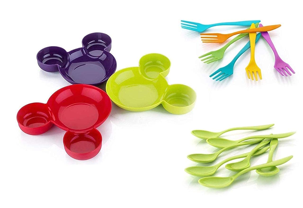 MONIT Unbreakable Eco-Friendly Mickey & Minnie Shaped Kids Food Serving Plate with Bowl, Spoon, and Fork – Cartoon Baby Tableware Set (Pack of 3)-image-1