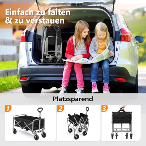 Bonnlo Bollerwagen Faltbar, 100 kg Tragkraft, 600D Oxford-Stoff, Handwagen, Transportwagen Klappbar, Gartenwagen für Camping, Einkäufe, Outdoor & Freizeit, Stahlrahmen, 74,5×45,5×84cm, Schwarz