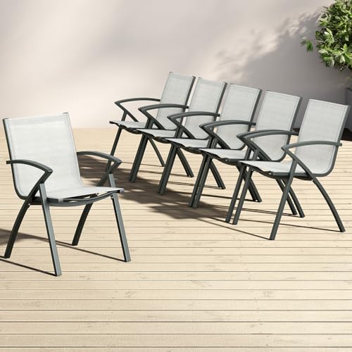 SLEKVERSA Set of 6 Aluminum Patio Chairs with Lightweight Frame & 100° Adjustable Back, Outdoor Sling Back Dining Chairs with Extra Wide Seat & Armrest for Garden Camping Poolside Beach Deck (6 PC)