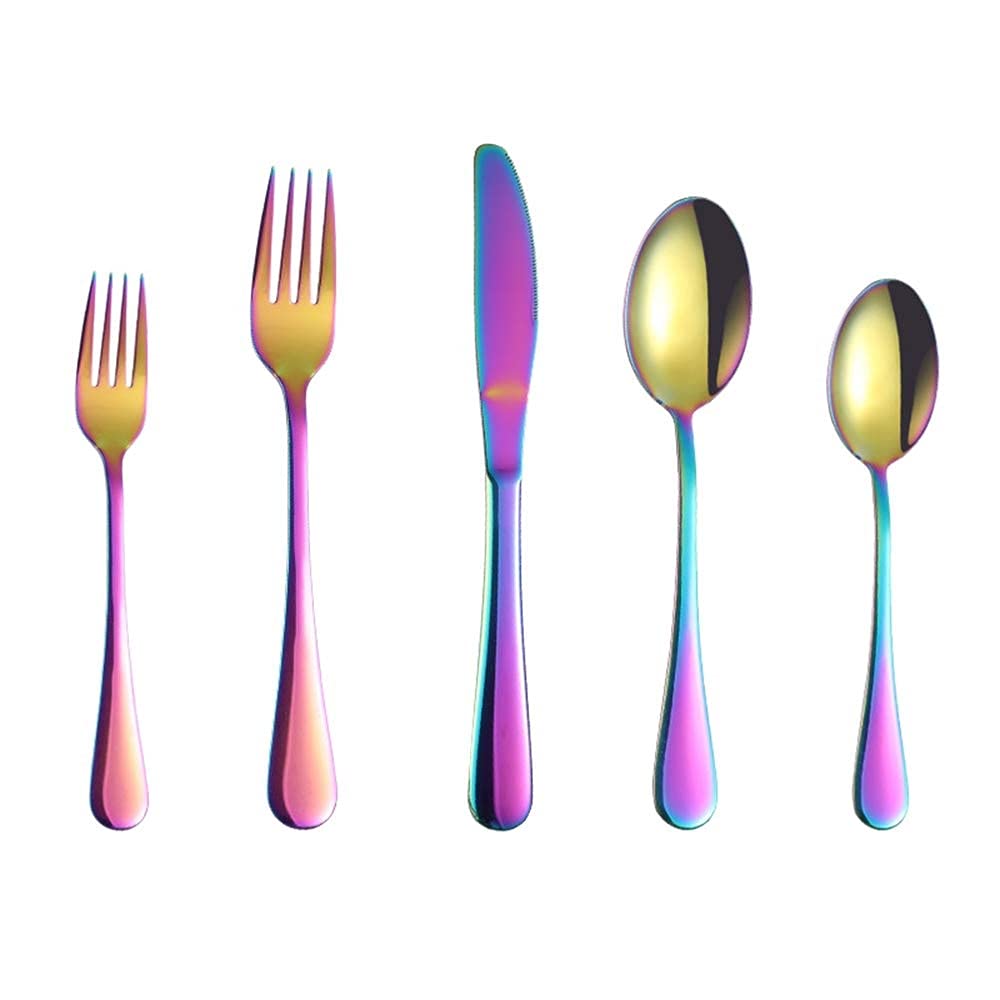 Set de Couverts de Table - 20 pièces Set de Coutellerie en Acier INOX, y Compris Couteau/Cuillère/Fourchette, Convient au Camping avec Cuisine, Service pour 4 Personnes, Multicolore