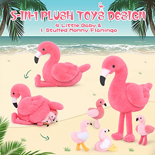 MorisMos 45cm sitzend Plüsch Flamingo mit 4 Baby im Bauch, Rosa Süß Kuschelig Flamingon Plüschtier Stofftier, Weich Spielzeug Dekokissen Geburtstag Themeparty Weihnachten Geschenk