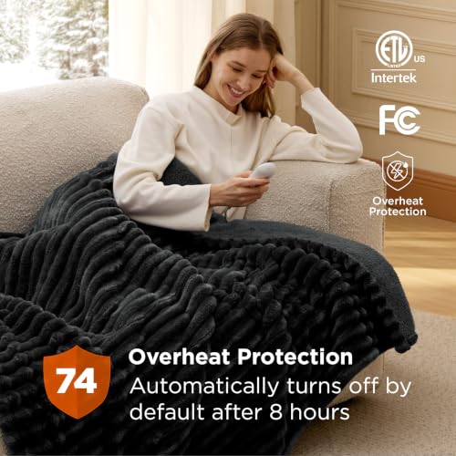 Image of Bedsure Heated Blanket Full Size - Thick Striped Fast Heating Electric Blanket with Preheat Function, 6 Heat & 6 Timer (Up to 10H), 8H Auto Off, ETL Certified, Gift for Grandma (72 inchx84 inch, Black)