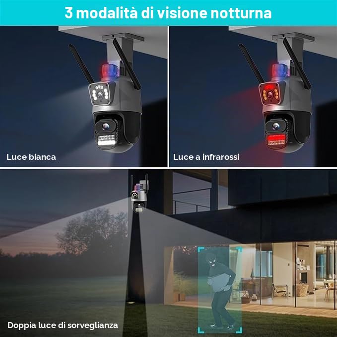 RVT SECURITY Telecamera IP 4K 6MP Esterna WiFi PTZ, CCTV Doppio Obiettivo, Zoom 8X, Visione Notturna a Colori Audio 2 Vie Smart WIFI Camera ICSEE Audio bidirezionale