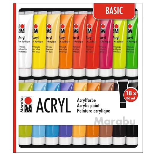 Marabu 1210000000201 - Acrylfarben Set Basic, mit 18 x 36 ml Farbe, auf Wasserbasis, für viele Untergründe geeignet, schnell trocknend, wasserfest und lichtecht