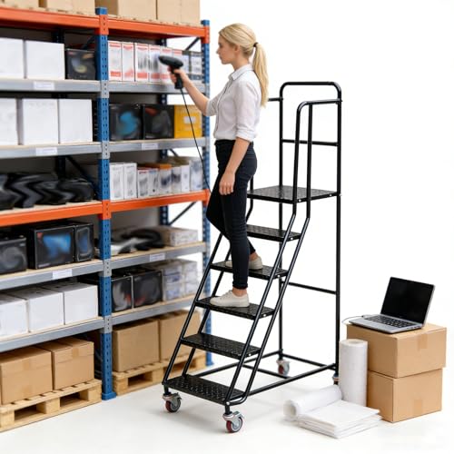 Image of 6 Step Rolling Ladder with Handrails, 880 lbs Capacity Heavy Duty Steel Mobile Warehouse Ladder with Locking Wheels, Non-Slip Rolling Stairs with Large Platform for Garage, Stockroom, Library