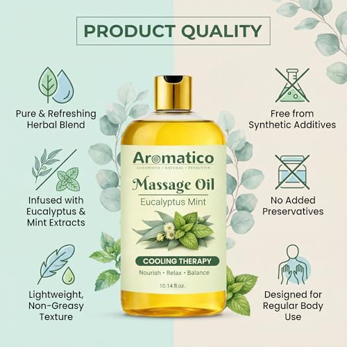 Image of AROMATICO Eucalyptus Mint Massage Oil - Eucalyptus Massage Oil with Peppermint, Almond & Jojoba for Muscle Relaxing, Stress Relief & Skin Nourishment | 300ml
