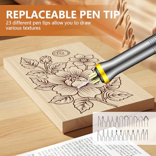 Image of Serplex Electric Wood Burning Pen Kit with 23pcs Multi Tips, Electric Station Pyrography Wood Burner Engraving Pen with LCD Display, Adjustable Temperature, for Wood, Leather, Gourds