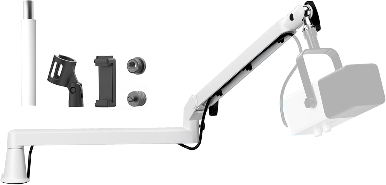 Low Profile Mic Arm Microphone Boom Arm Professional Adjustable with 15cm Riser Solid Desk Mount Clamp Cable Management Microphone Holder Stand for Podcast Streaming Gaming Mic Stand White