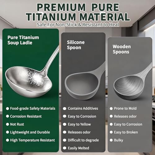 Image of Newness Soup Ladle and Solid Turner, Pure Titanium Soup Spoon and Turner | [Rustproof, Heat Resistance] Resilient, with Long Ergonomic Natural Wooden Round Handle, Non-Toxic Cooking Spoon for Kitchen