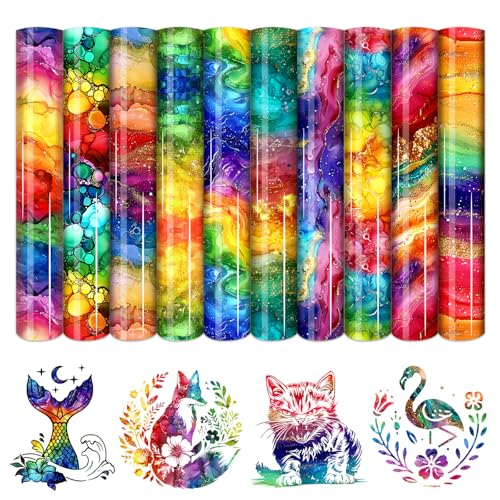HTVSTD Rainbow Marble Patterned Heat Transfer Vinyl-10sheets 12 x 10 Metallic Gold Foil Waterproof HTV for DIY Fashion