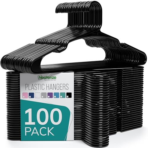 NEATERIZE Clothes Hangers Plastic 100 Pack for Adults - Plastic Hangers, The Perfect Coat Hanger and Space Saving Clothes Hangers for Closet - Black Hangers