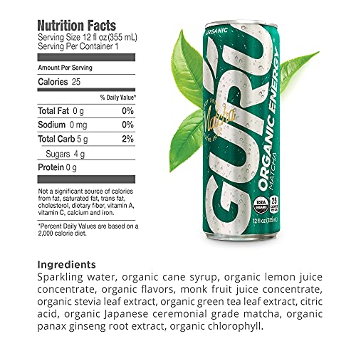 GURU Plant-Based Matcha Energy Drink | Recharge with Refreshing Good Energy | Low Calories | Organic Ingredients | Healthy Energy Drink to Help Stay Focused | 12oz (Pack of 12)