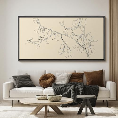 Image of MUDECOR Extra Large Framed Canvas Print Wall Art Simple Line Art Birds on Branch Botanical Minimalist Antique Retro Ready to Hang Painting for Living Room Bedroom Multi-Sizes - 60 inchx30 inch
