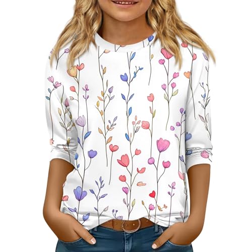 Girls Tops Round Neck Floral Print 3/4 Sleeve Clothes Summer Casual Shirts 5-16 Years Outfits 1/2 Sleeve Pullover