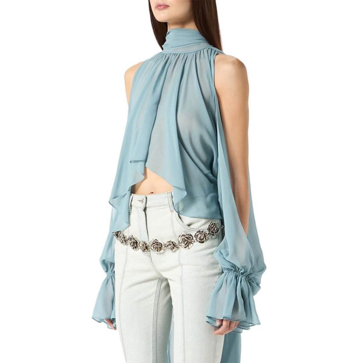 Women's Elegant Halter Neck Blouse Flowy Bow Top Sheer Ruffle Trim Open Shoulder Asymmetrical Hem Y2K