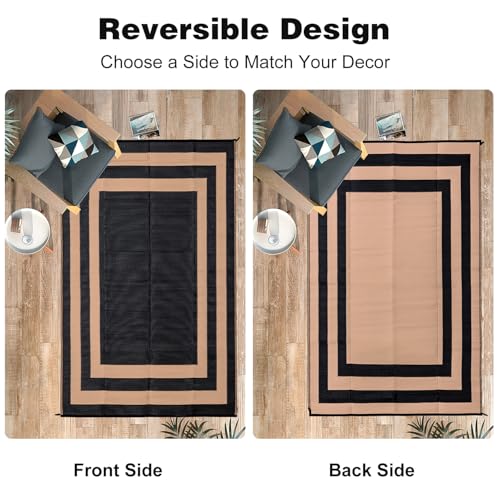 Image of Outdoor Rug Carpet Waterproof Reversible Mats 9x12 ft Patio Rug RV Camping Rug, Plastic Straw Rug Area Rug for Balcony Picnic Beach(Black and Brown)