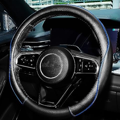 YOGURTCK Soft Microfiber Leather Anti-Slip Car Steering Wheel Cover, Universal 15 Inch for Women Girls, Fit Vehicles, Sedans, SUVS, Vans, Trucks - Black with Blue Line Cover