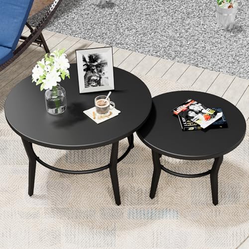 ALAULM Patio Round Coffee Table Set of 2 Outdoor Large Side Table-Weather Resistant Metal Steel for Patio Backyard Pool Lawn(Black)