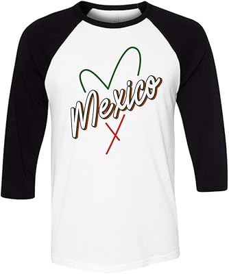 TeesAndTankYou Heart Mexico Three-Quarter Raglan Sleeve Baseball Shirt Unisex Medium White/Black