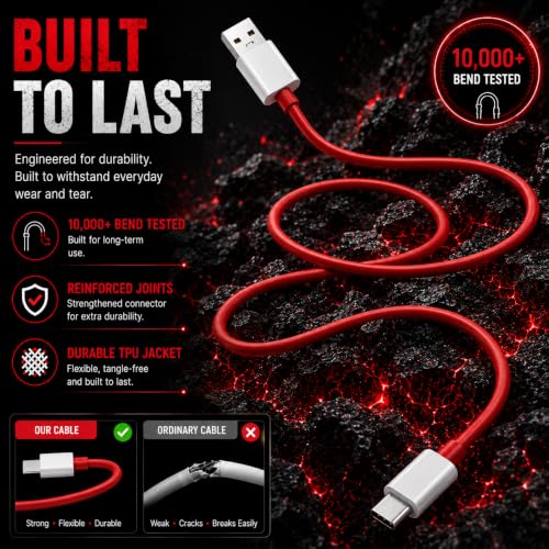 Image of Maxonar 100W USB-A to USB-C Fast Charging Cable Compatible with OnePlus 15, 15R, 13, 13R, 12, 12R, 11, 11R, 10, 10R, 9, 9R, 8, 8T, Nord 5 /4 /3 /2, CE 4 /3 /2 Lite & All USB-C Devices