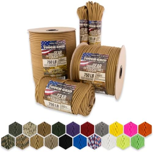 TOUGH-GRID 750lb Grizzly (Coyote) Brown Paracord/Parachute Cord - 100% Nylon Mil-Spec Type IV Paracord Used by The US Military, Great for Bracelets and Lanyards, 50Ft. - Grizzly (Coyote) Brown